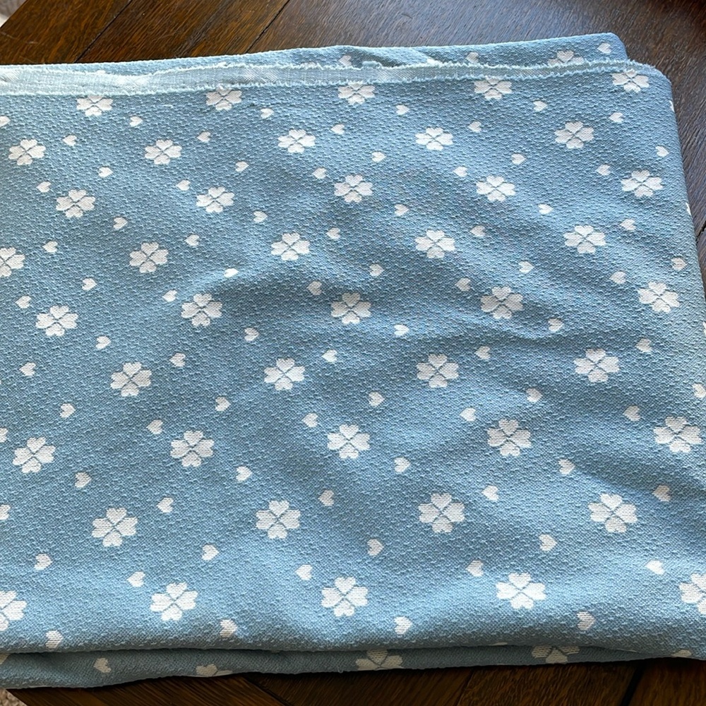 Large fabric remnant from the seventies, dusty blue with white geo pattern,